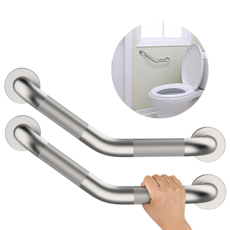 Munzong 16 Inch Angled Shower Grab Bar, Munzong 2 Pack Anti Slip Satin Brushed Nickel Bathroom Grab Bar, Knurled Bathroom Balance Bar,Safety Hand Rail Support Handicap Elderly Injury Senior Assist Bath Handle - Image 1