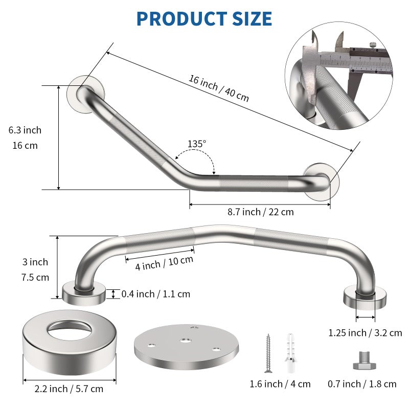 Munzong 16 Inch Angled Shower Grab Bar, Munzong 2 Pack Anti Slip Satin Brushed Nickel Bathroom Grab Bar, Knurled Bathroom Balance Bar,Safety Hand Rail Support Handicap Elderly Injury Senior Assist Bath Handle - Image 2
