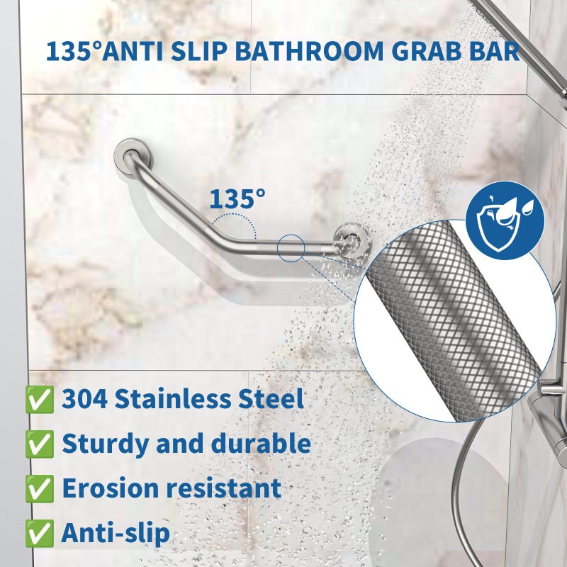 Munzong 16 Inch Angled Shower Grab Bar, Munzong 2 Pack Anti Slip Satin Brushed Nickel Bathroom Grab Bar, Knurled Bathroom Balance Bar,Safety Hand Rail Support Handicap Elderly Injury Senior Assist Bath Handle - Image 4