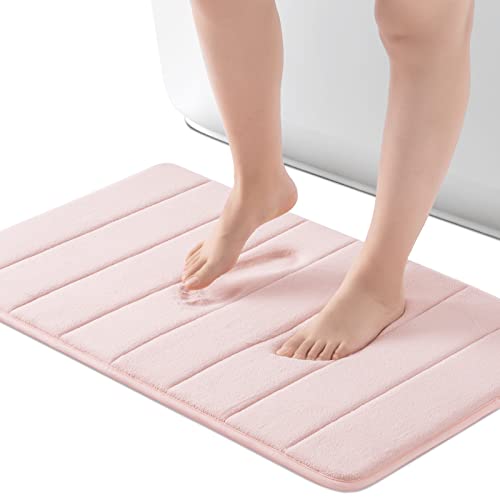 ROSMARUS Memory Foam Bath Mat 17” x 24”, Water Absorbent Bath Mats for Bathroom, Non Slip Washable Bathroom Rugs for Shower, Ultra Soft Bathroom Mats for Floor & Tub, Pink - Image 1