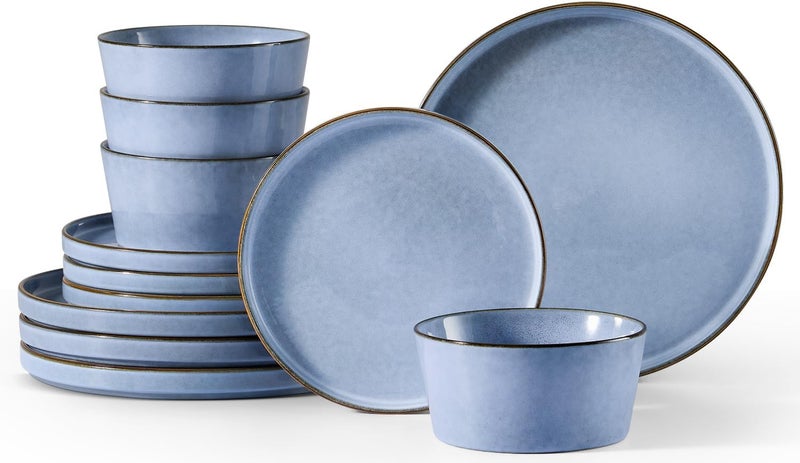 Herogo 12Piece Stoneware Dinnerware Set for 4 Dinner Plates and Bowls Sets Double Reactive Glaze Dishware Place Setting for Kitchen Scratch Resistant Microwave Safe Haze Blue - Image 1