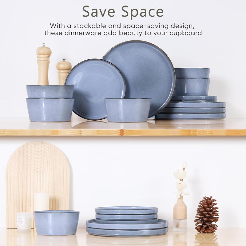 Herogo 12Piece Stoneware Dinnerware Set for 4 Dinner Plates and Bowls Sets Double Reactive Glaze Dishware Place Setting for Kitchen Scratch Resistant Microwave Safe Haze Blue - Image 4