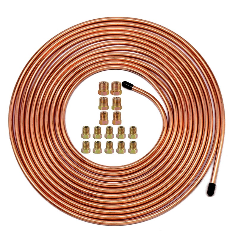 MuHize Upgraded Brake Line Tubing Kit - 25 Ft. of 3/16 Copper Coated Flexible Tube, Roll 25 ft 3/16" (Includes 16 Fittings)