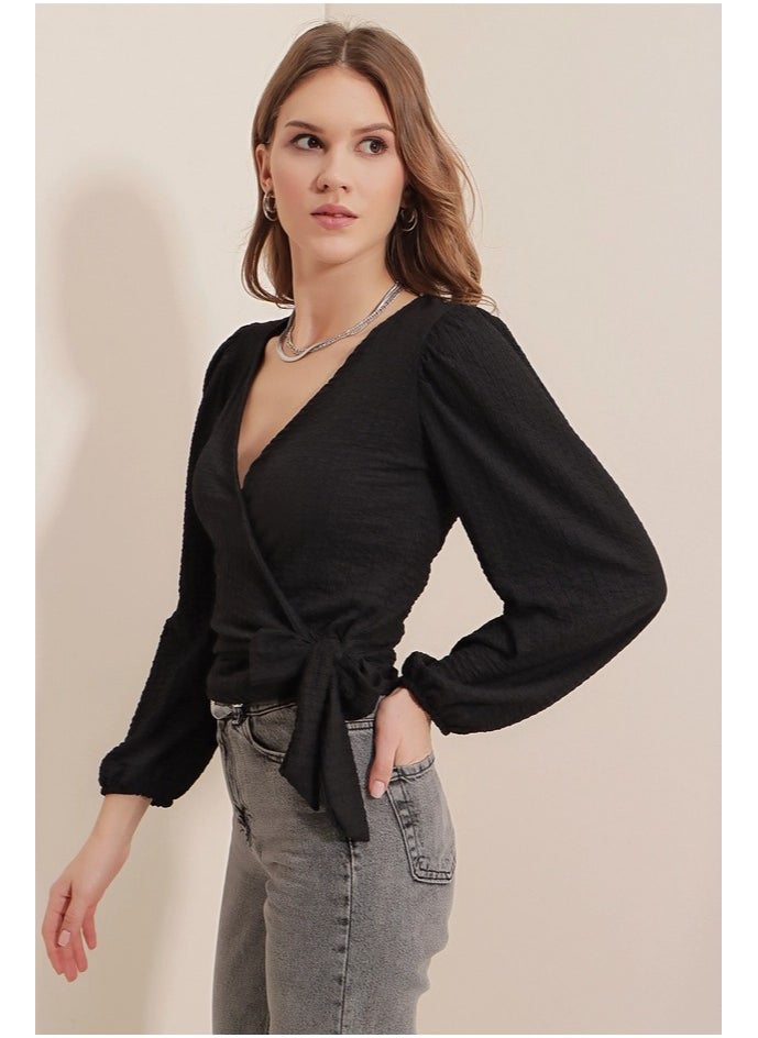 BIG DART - Black V-neck Blouse With Bow - Image 1