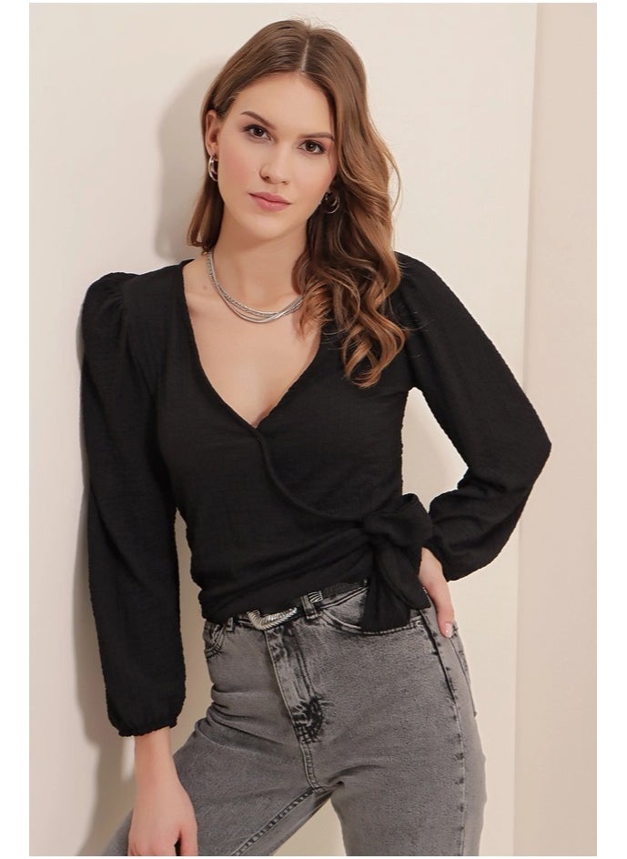 BIG DART - Black V-neck Blouse With Bow - Image 1