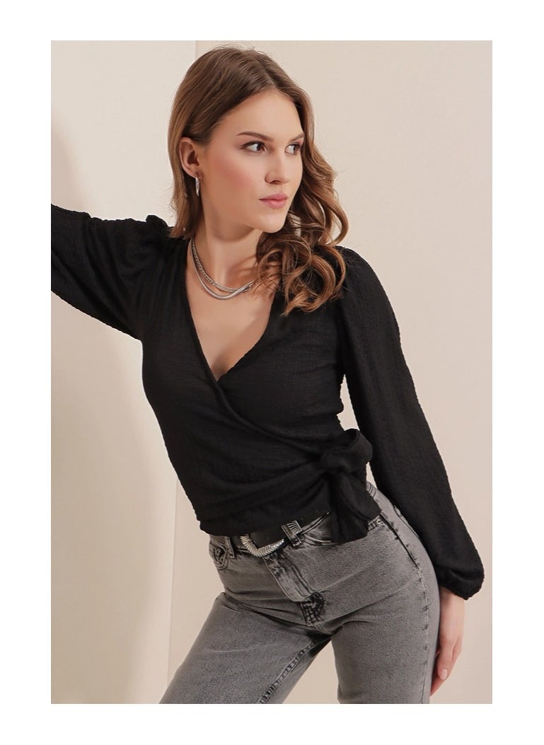 BIG DART - Black V-neck Blouse With Bow - Image 1