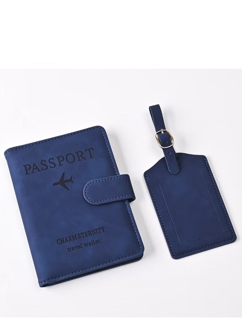 Generic - 2 Pieces Dark Blue Passport Holder Protective Case and Luggage Tag, PU Leather Magnetic Buckle Passport Bag PFID Anti-Magnetic Multi-Card Passport Book Multi-Function Passport Bag, Suitable for Men and Women Travel Accessories (Dark Blue) - Image 1