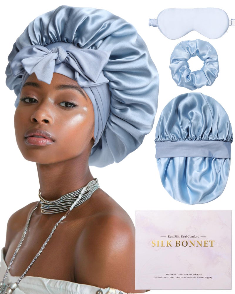AWAYTR Mulberry Silk Bonnet for Sleeping Women Curly Hair Bonnets with Tie Band Double Layer Reversible Sleep Bonnet Silk Hair Wrap Sleep Cap (Blue) - Image 1