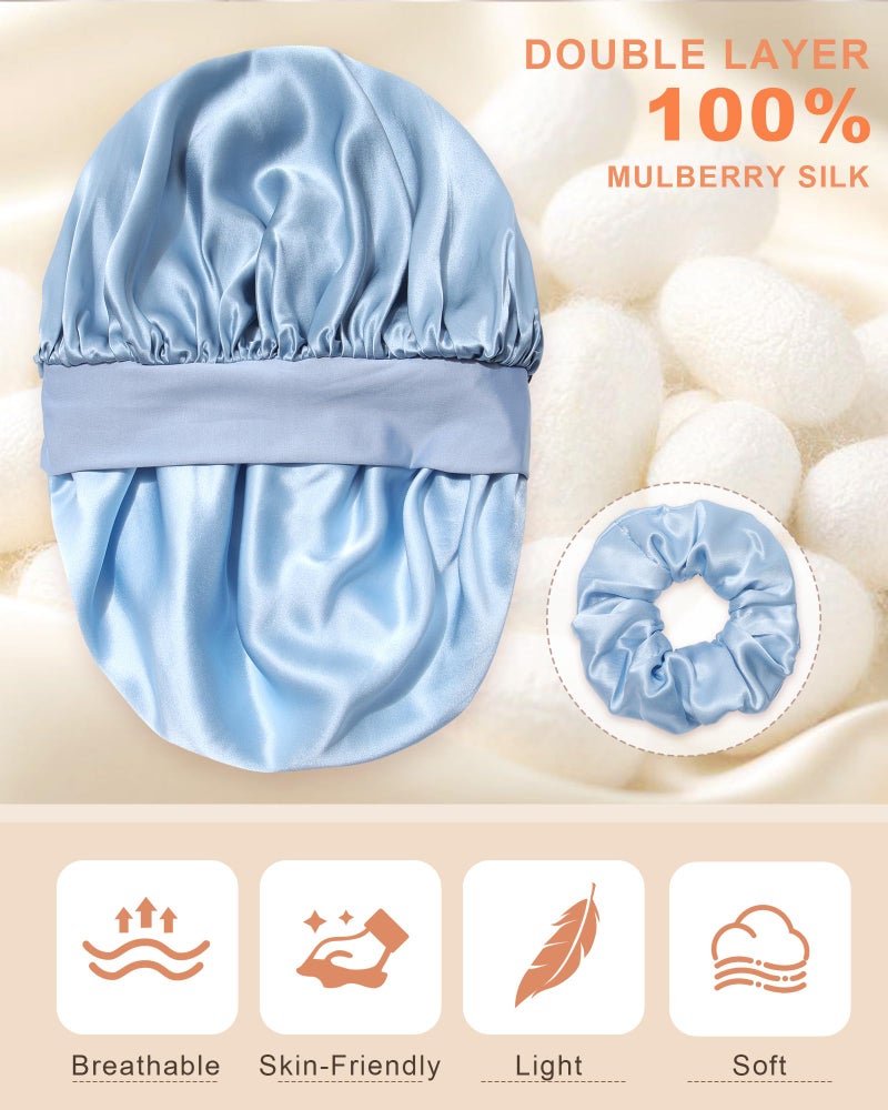 AWAYTR Mulberry Silk Bonnet for Sleeping Women Curly Hair Bonnets with Tie Band Double Layer Reversible Sleep Bonnet Silk Hair Wrap Sleep Cap (Blue) - Image 4