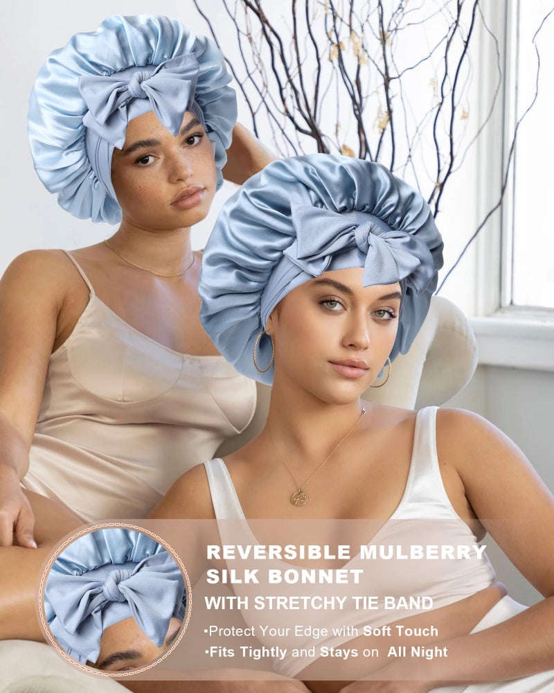 AWAYTR Mulberry Silk Bonnet for Sleeping Women Curly Hair Bonnets with Tie Band Double Layer Reversible Sleep Bonnet Silk Hair Wrap Sleep Cap (Blue) - Image 3