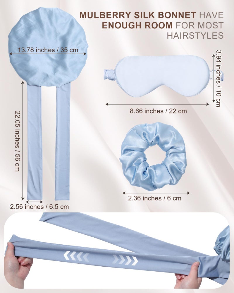 AWAYTR Mulberry Silk Bonnet for Sleeping Women Curly Hair Bonnets with Tie Band Double Layer Reversible Sleep Bonnet Silk Hair Wrap Sleep Cap (Blue) - Image 2