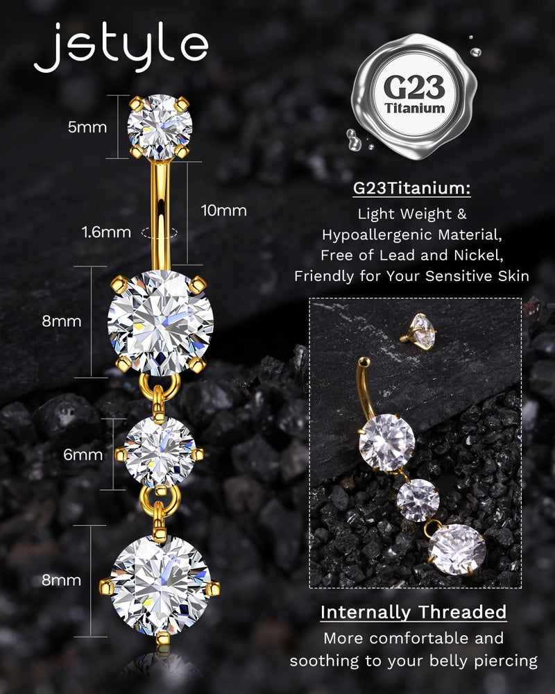 Jstyle G23 Titanium Dangle Belly Button Rings for Women 14G Internally Threaded Belly Ring Dangling Piercing Jewelry with Dangling CZ Hypoallergenic Navel Piercing Ring 14K Gold Plated - Image 3