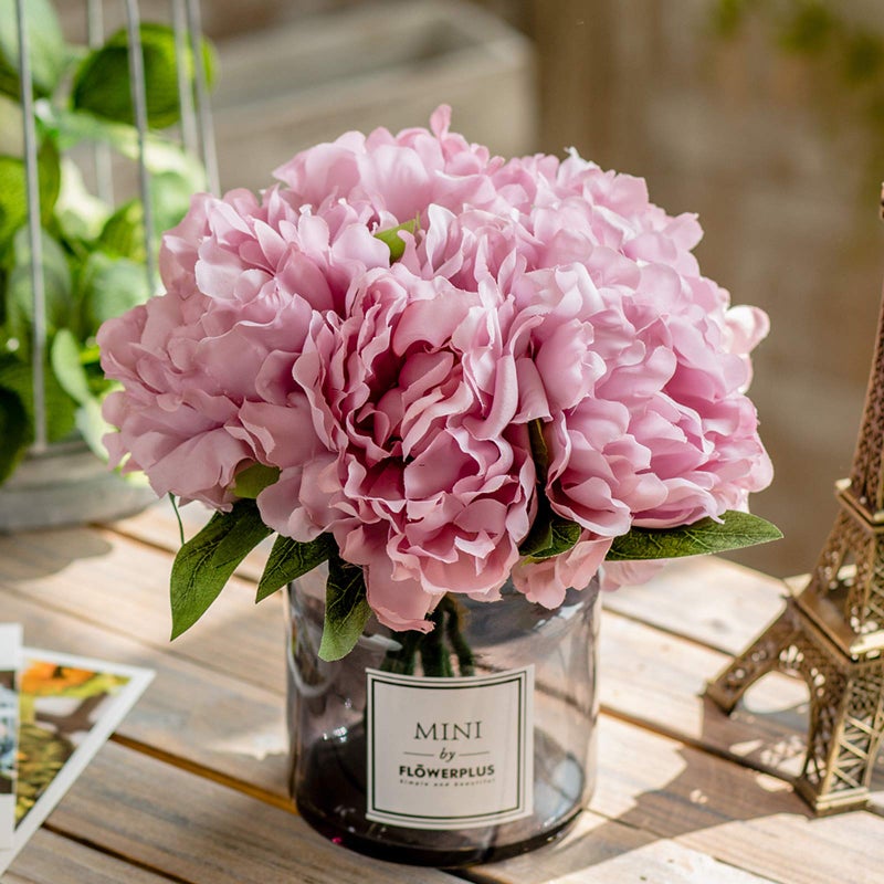 Artificial Hydrangea and Glass vase Ins Style Artificial Flower Glass Bottle Set Suitable for Living Room Dining Table Office Wedding Hotel Banquet and Other Home Decoration Purple Pink