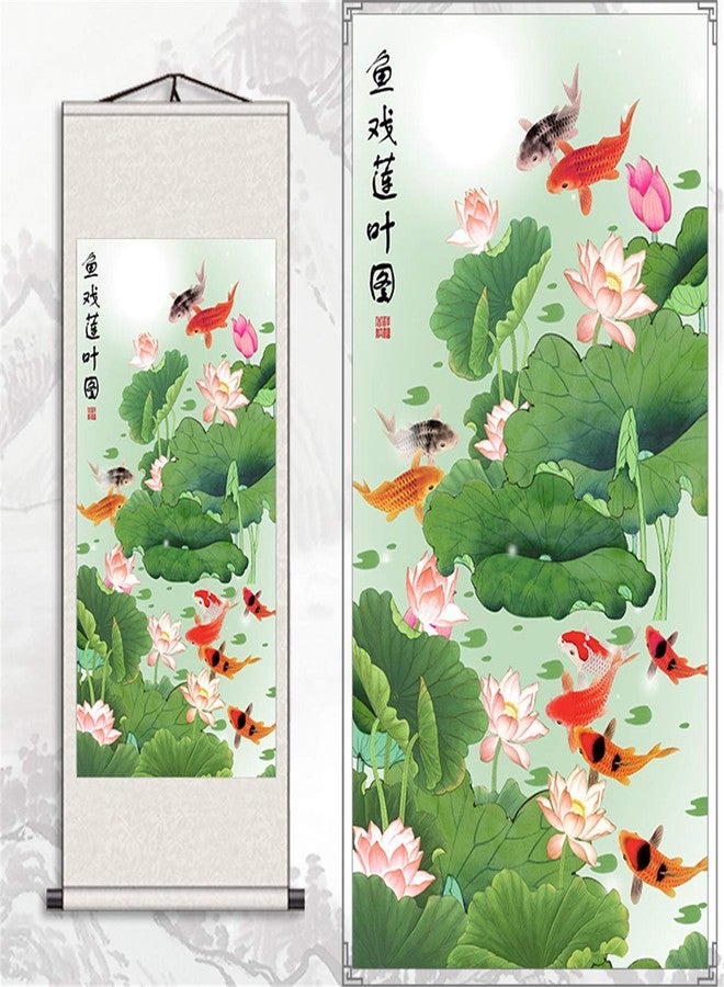 Zzooi Chinese Lucky Carp Lotus Wall Decor Hanging Silk Scroll Painting for Attract Good Luck Wealth,Feng Shui Gifts - Image 3