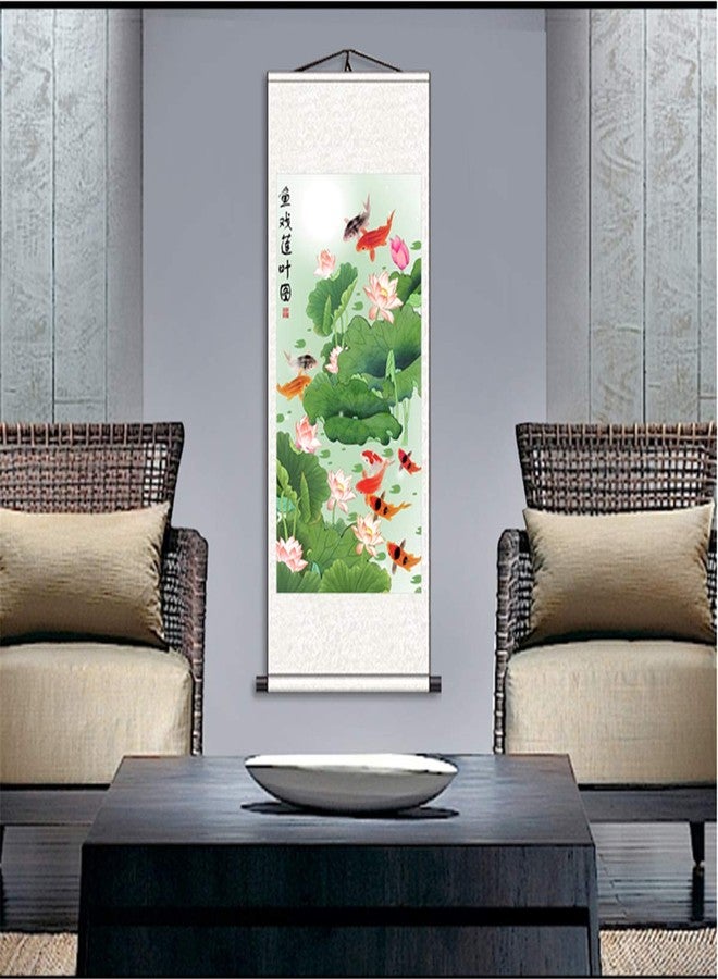 Zzooi Chinese Lucky Carp Lotus Wall Decor Hanging Silk Scroll Painting for Attract Good Luck Wealth,Feng Shui Gifts - Image 5