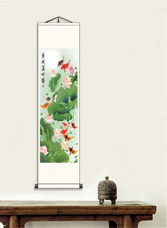 Zzooi Chinese Lucky Carp Lotus Wall Decor Hanging Silk Scroll Painting for Attract Good Luck Wealth,Feng Shui Gifts - Image 2