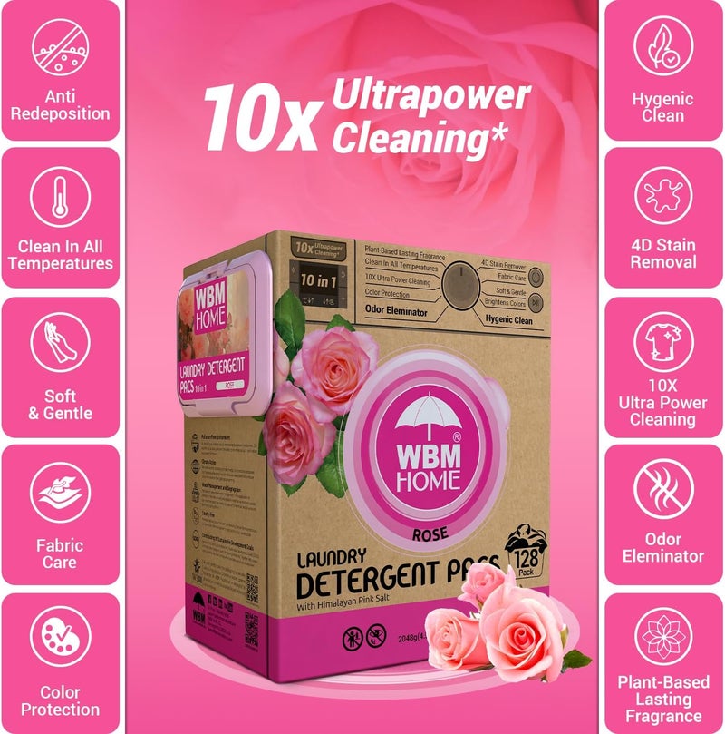 WBM 10in1 Laundry Pods Total 128 Count High Efficiency Ultra Concentrate with Powerful Stain Lifter Technology Fabric Softener With Rose Extracts Detergent Pods - Image 5