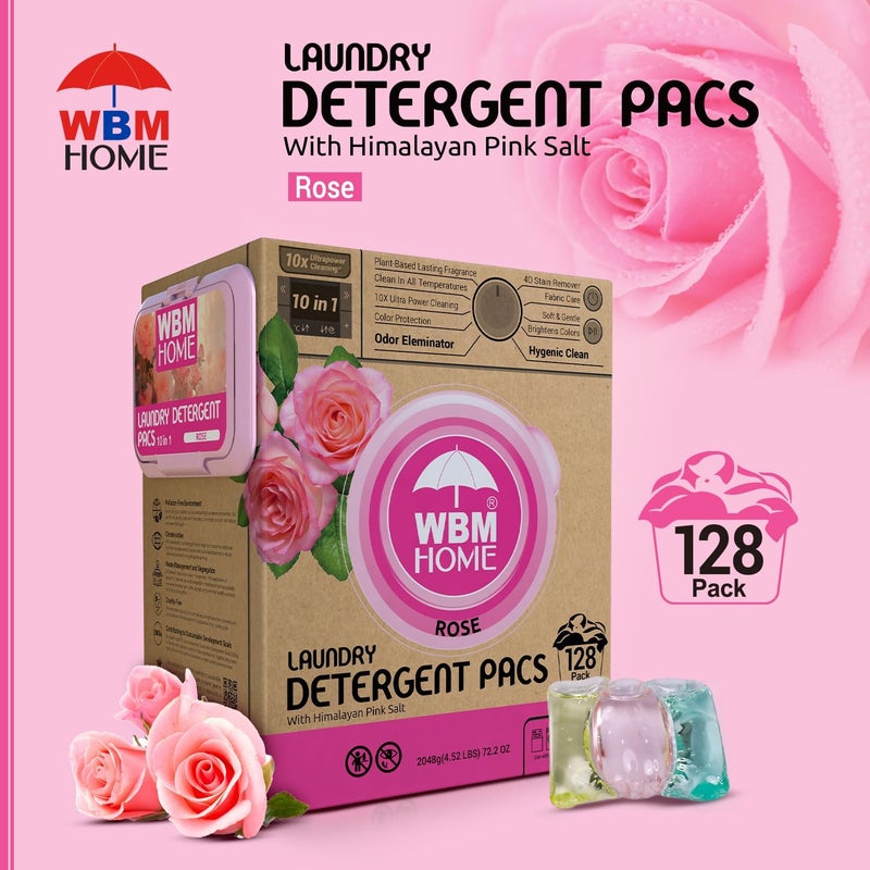 WBM 10in1 Laundry Pods Total 128 Count High Efficiency Ultra Concentrate with Powerful Stain Lifter Technology Fabric Softener With Rose Extracts Detergent Pods - Image 3