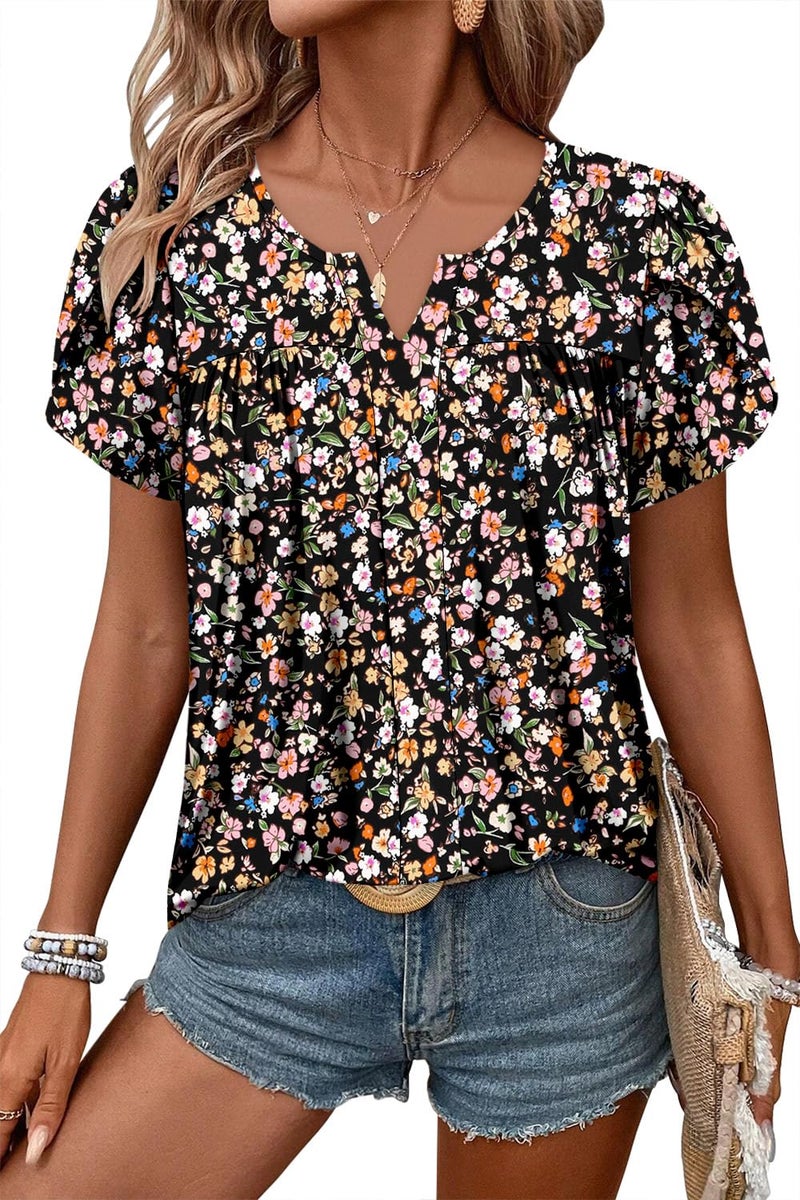 CRAZY GRID Womens Summer Tops Dressy Casual Blouse V Neck Ruffle Short Sleeve Shirts Printed Elegant Loose Fit Basic Ladies Babydoll Tunic Black Graffiti-L - Image 1