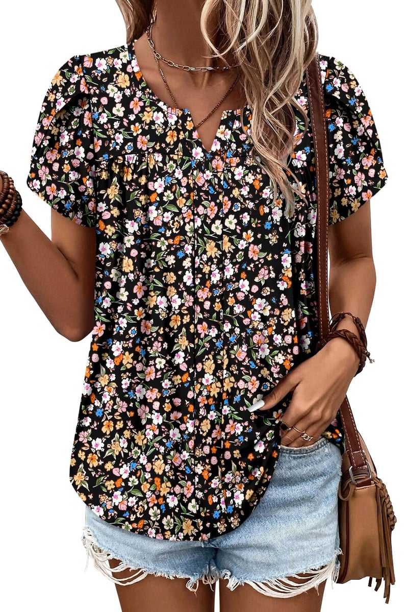 CRAZY GRID Womens Summer Tops Dressy Casual Blouse V Neck Ruffle Short Sleeve Shirts Printed Elegant Loose Fit Basic Ladies Babydoll Tunic Black Graffiti-L - Image 2