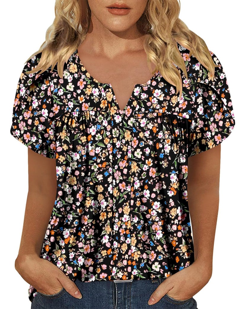 CRAZY GRID Womens Summer Tops Dressy Casual Blouse V Neck Ruffle Short Sleeve Shirts Printed Elegant Loose Fit Basic Ladies Babydoll Tunic Black Graffiti-L - Image 4