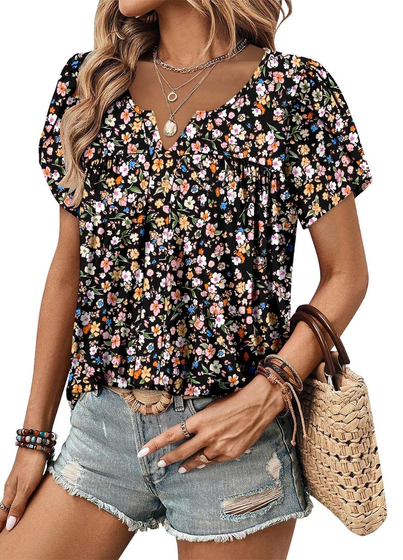 CRAZY GRID Womens Summer Tops Dressy Casual Blouse V Neck Ruffle Short Sleeve Shirts Printed Elegant Loose Fit Basic Ladies Babydoll Tunic Black Graffiti-L - Image 5
