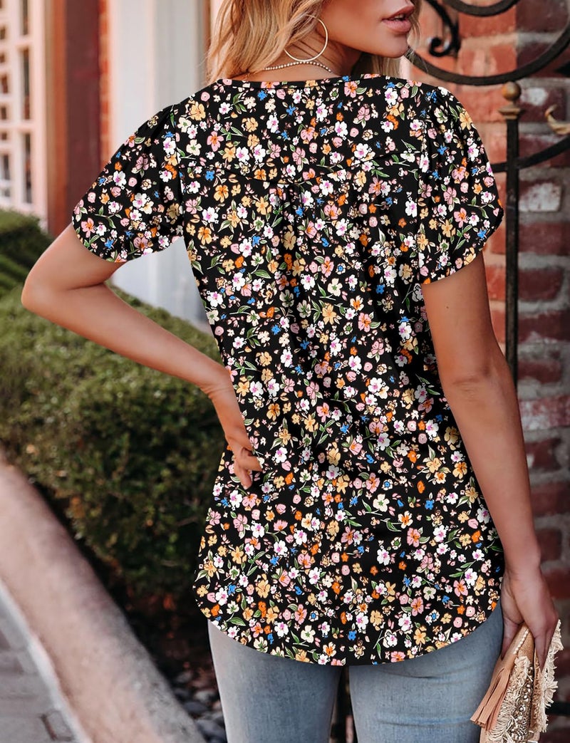 CRAZY GRID Womens Summer Tops Dressy Casual Blouse V Neck Ruffle Short Sleeve Shirts Printed Elegant Loose Fit Basic Ladies Babydoll Tunic Black Graffiti-L - Image 3