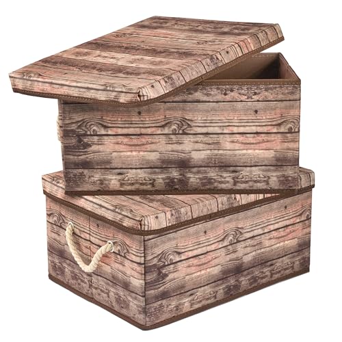 Sorbus Storage Box Set with Lid Carry Handles Foldable Frame Rustic Wood Grain Print Bins Great for Toys Memorabilia Closet Office Bedroom 2Pack Wood Box Set Brown