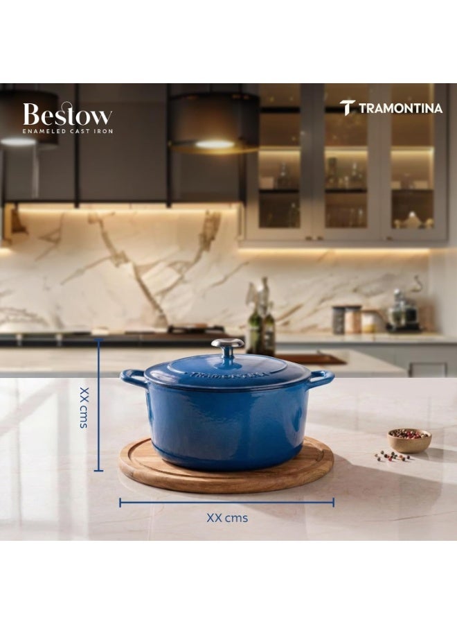 TRAMONTINA Bestow Round Dutch Oven 3.3L with Lid | Enameled Cast Iron Casserole Pot & Biryani Pot | Even Heat Retention | Low Oil Healthy Cooking | No Seasoning Required | All Cooktops Compatible | Blue - Image 2