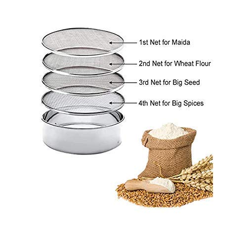 UE Stainless Steel 4 in 1 Interchangeable Sieve/Chalni 1 Unit | Set of 5 | Silver | Gehu/Flour/Atta/Maida Chalni/Spices/Food Strainers, Jaali Channi for Everyday in Kitchen Tools (Size 11) - Image 2