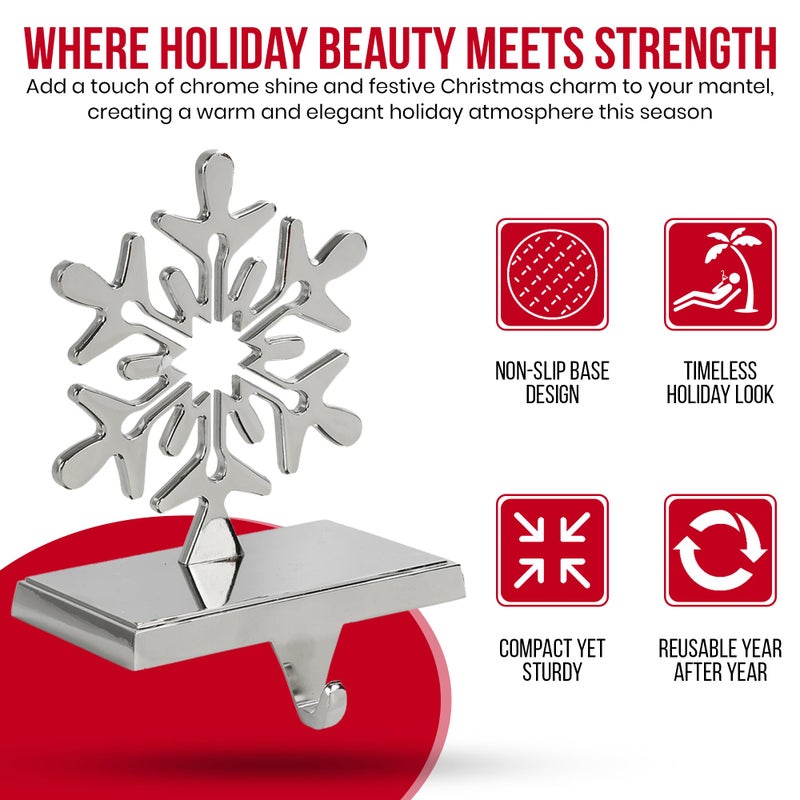 Iconikal 4-Pack Chrome Snowflake Christmas Metal Weighted Stocking Holders for Mantle, Holiday Fireplace Hangers - Image 4