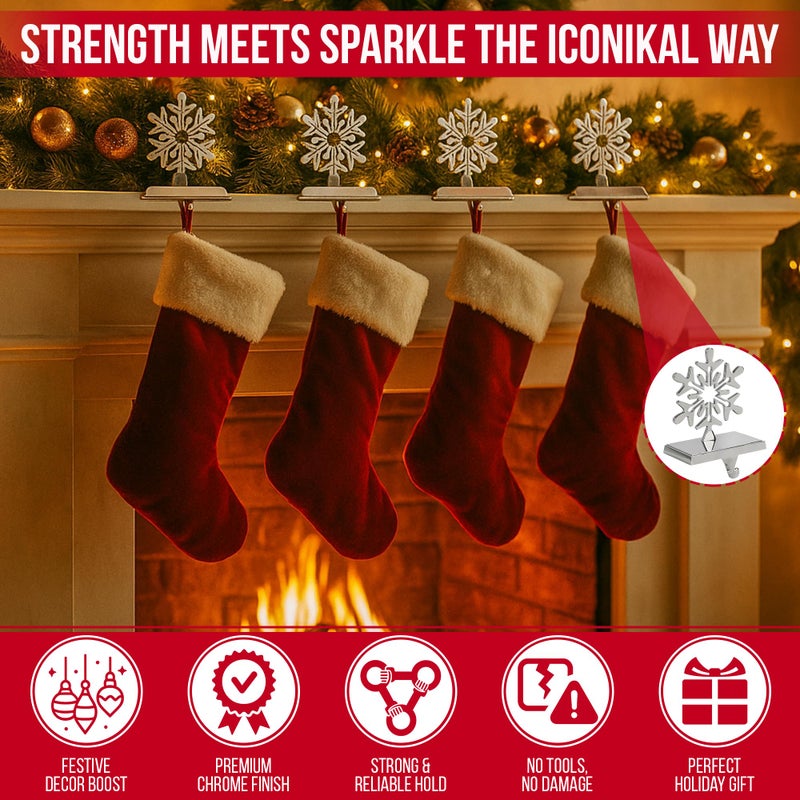 Iconikal 4-Pack Chrome Snowflake Christmas Metal Weighted Stocking Holders for Mantle, Holiday Fireplace Hangers - Image 2
