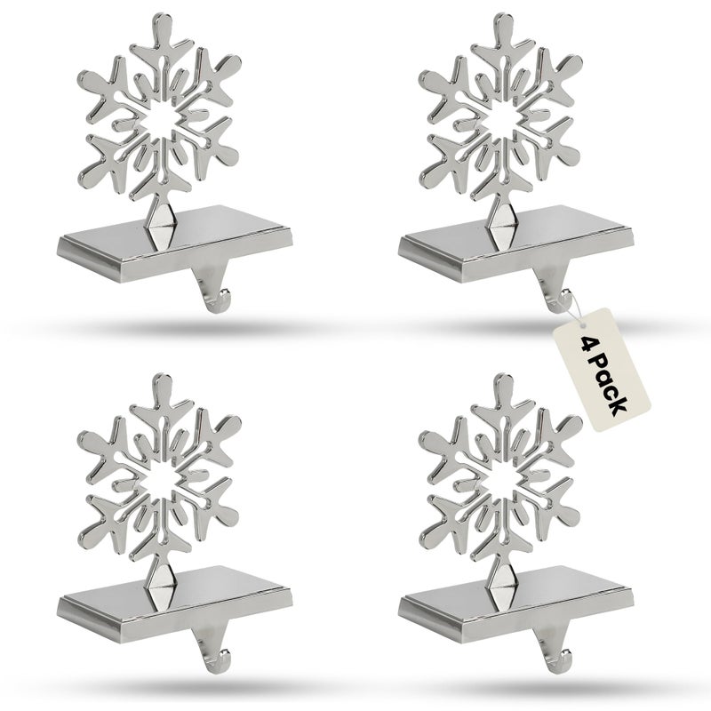 Iconikal 4-Pack Chrome Snowflake Christmas Metal Weighted Stocking Holders for Mantle, Holiday Fireplace Hangers - Image 1