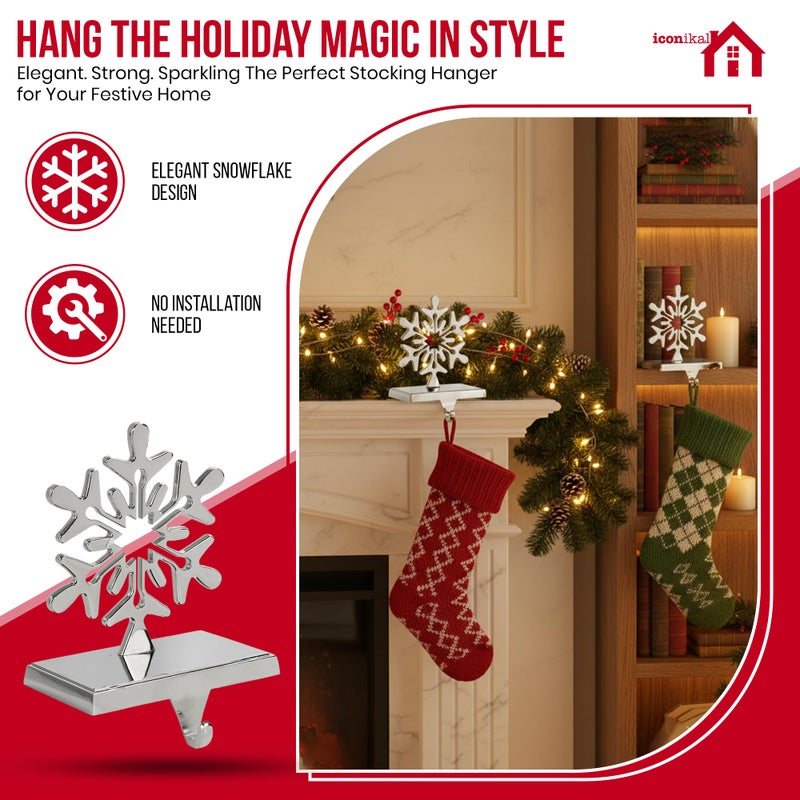 Iconikal 4-Pack Chrome Snowflake Christmas Metal Weighted Stocking Holders for Mantle, Holiday Fireplace Hangers - Image 3