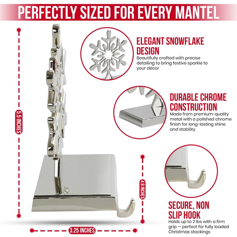 Iconikal 4-Pack Chrome Snowflake Christmas Metal Weighted Stocking Holders for Mantle, Holiday Fireplace Hangers - Image 5