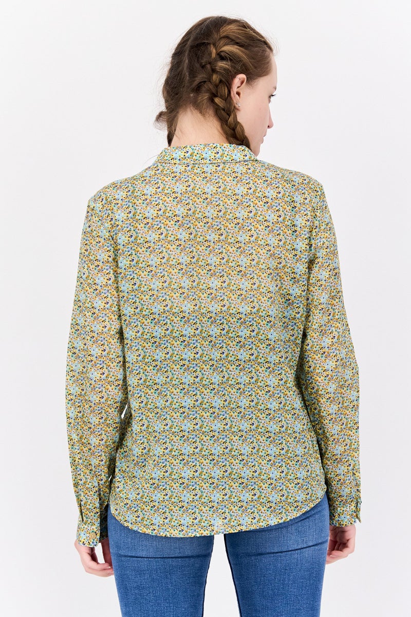 Scotch & Soda Women Regular Fit Allover Print Long Sleeves Casual Shirt, Green Combo - Image 3