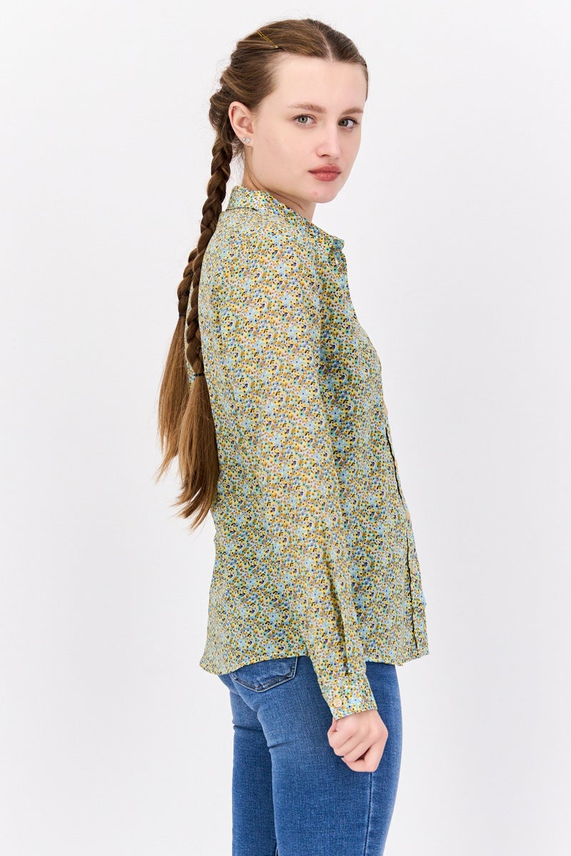 Scotch & Soda Women Regular Fit Allover Print Long Sleeves Casual Shirt, Green Combo - Image 2