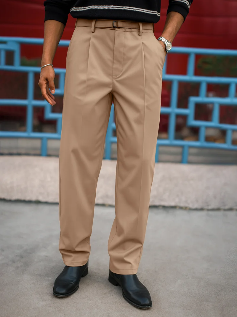 Maniac Maniac Mens Solid Dark Beige Belted Cotton Blend Trouser