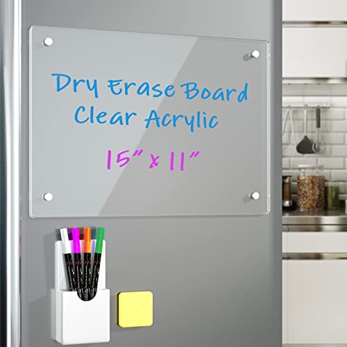 RR RAXMIN Acrylic Note Board Refrigerator Dry Erase Board Magnetic Clear 15”x11 Includes 4 Dry Erase Markers - Image 1