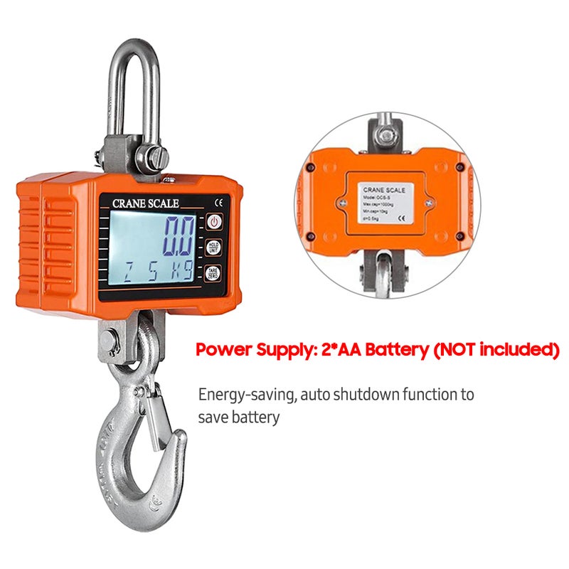 Digital Hanging Scale 1000kg/ 2204lbs Portable Heavy Duty Crane Scale LCD Backlight Industrial Hook Scales Unit Change/ Data Hold/ Tare/ Zero for Construction Site Travel Market Fishing Outdoor Work - Image 2