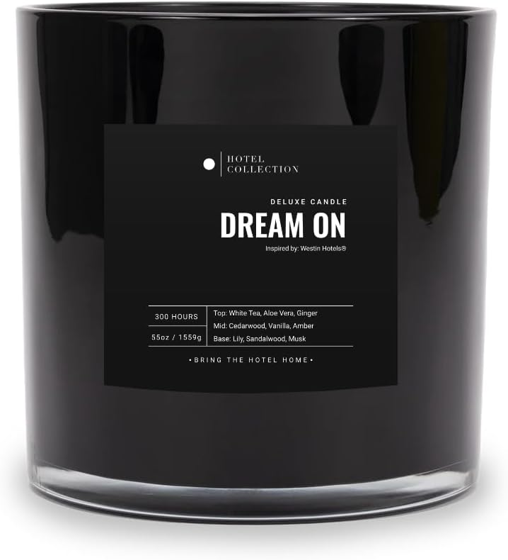 AROMA360 Aroma360 Hotel Collection Dream On Deluxe Scented Candle, Luxury Hotel Inspired Big Candle with Hints of Fresh White Tea, Sweet Vanilla, and Earthy Cedar, Long Lasting 300 Hour Burn Time, 55oz Black 