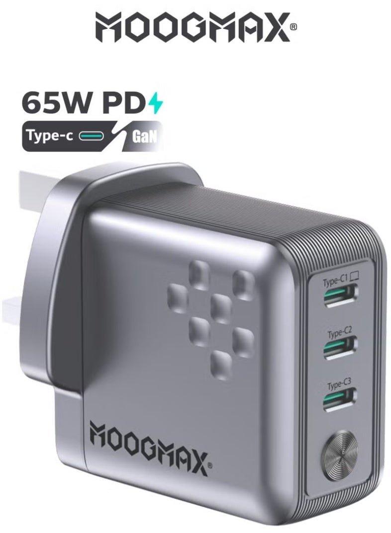 MOOGMAX 65W Type-C charger adapter with three Type-C ports. GaN Type-C plug for improved performance & heat reduction - Image 1