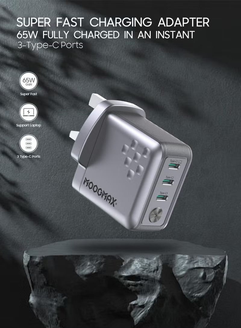 MOOGMAX 65W Type-C charger adapter with three Type-C ports. GaN Type-C plug for improved performance & heat reduction - Image 2