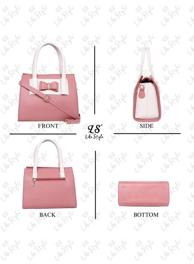 LIKE STYLE Women's PU Satchel Handbag | Colorblock Style with Embellished Bow (Pink) - Image 5