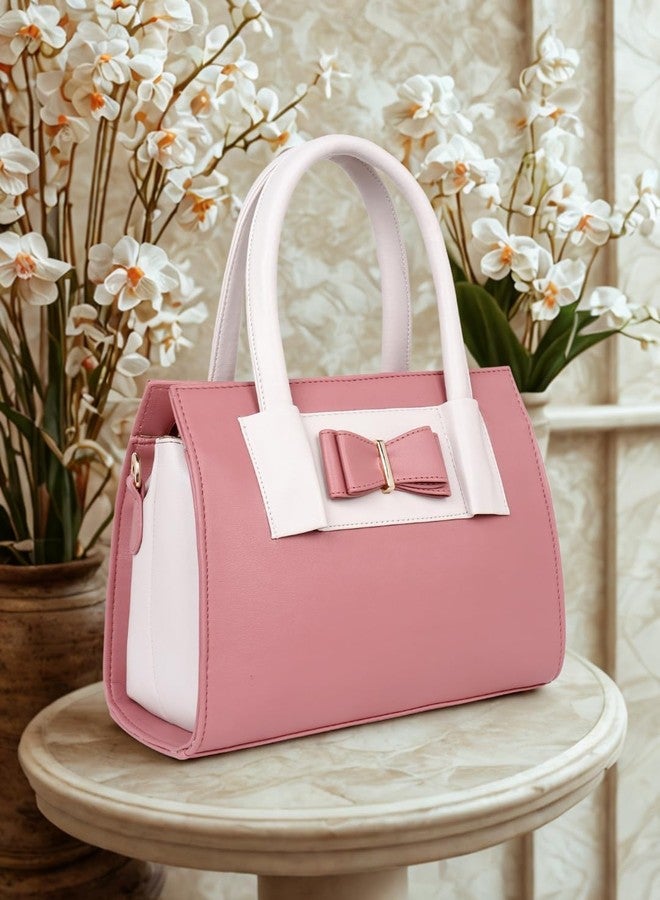LIKE STYLE Women's PU Satchel Handbag | Colorblock Style with Embellished Bow (Pink) - Image 2
