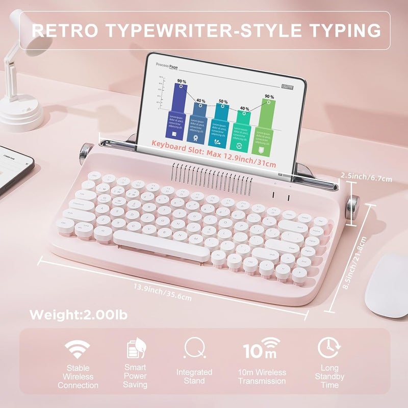ACTTO B303 Wireless Typewriter Keyboard, Bluetooth Connection, Cute Retro Aesthetic Design with Integrated Stand for Tablet, Phone, PC and Win/Mac/Android (Baby Pink, B303) - Image 2
