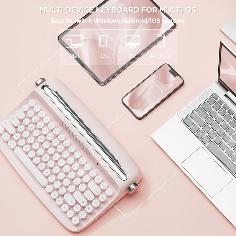 ACTTO B303 Wireless Typewriter Keyboard, Bluetooth Connection, Cute Retro Aesthetic Design with Integrated Stand for Tablet, Phone, PC and Win/Mac/Android (Baby Pink, B303) - Image 3