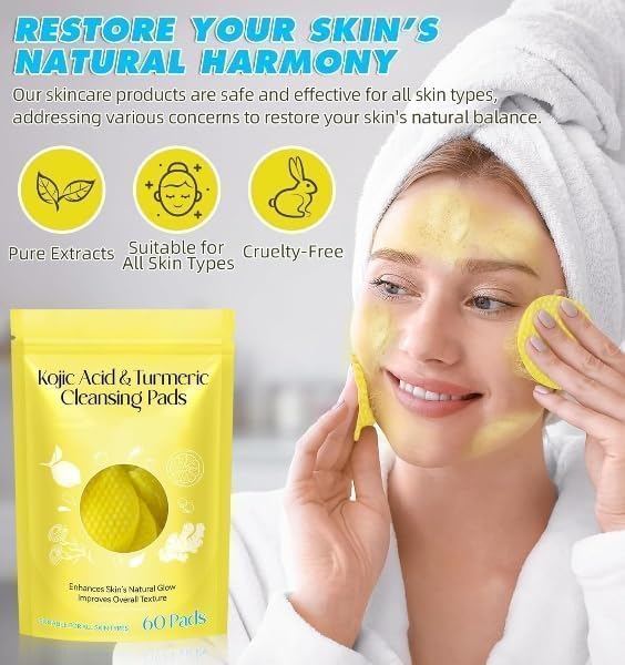 PIHARVA Turmeric and Kojic Acid Face Cleansing Pads for Dark Spots, Acne & Skin Brightening - With Vitamin C, Retinol & Chamomile - Exfoliating Wipes for Men & Women - Suitable for All Skin Types (60 Pcs) - Image 5