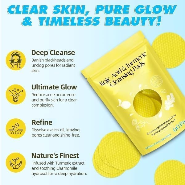 PIHARVA Turmeric and Kojic Acid Face Cleansing Pads for Dark Spots, Acne & Skin Brightening - With Vitamin C, Retinol & Chamomile - Exfoliating Wipes for Men & Women - Suitable for All Skin Types (60 Pcs) - Image 3