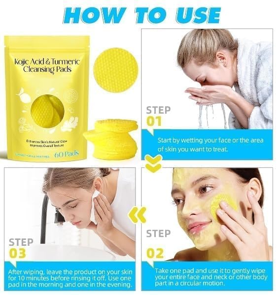 PIHARVA Turmeric and Kojic Acid Face Cleansing Pads for Dark Spots, Acne & Skin Brightening - With Vitamin C, Retinol & Chamomile - Exfoliating Wipes for Men & Women - Suitable for All Skin Types (60 Pcs) - Image 2